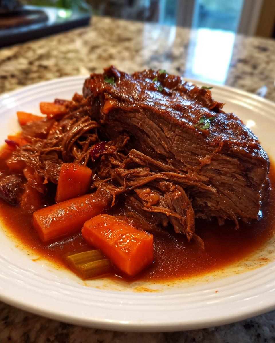 A serving of tender, shredded cranberry pot roast with large chunks of cooked carrots in rich sauce.