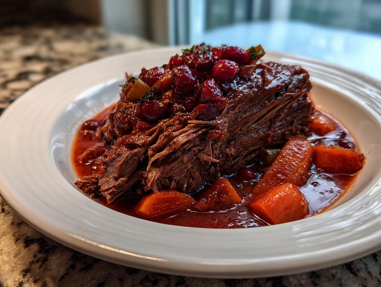 A serving of tender, shredded cranberry pot roast topped with whole cranberries and carrots in a rich sauce.