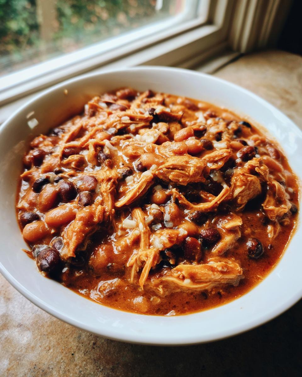 A close-up of a white bowl filled with rich, thick cream cheese chicken chili featuring shredded chicken and mixed beans.