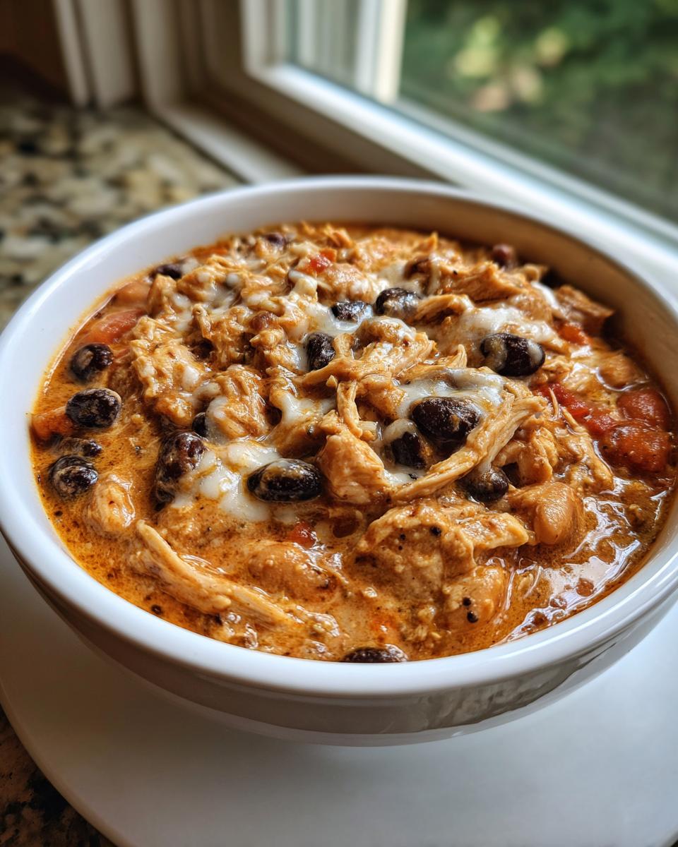 A close-up of a white bowl filled with creamy, orange-hued cream cheese chicken chili, topped with shredded chicken, black beans, and melted white cheese.