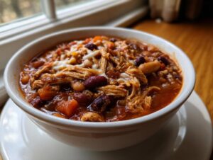 Close-up of a white bowl filled with rich, hearty cream cheese chicken chili featuring shredded chicken, beans, and melted cheese.