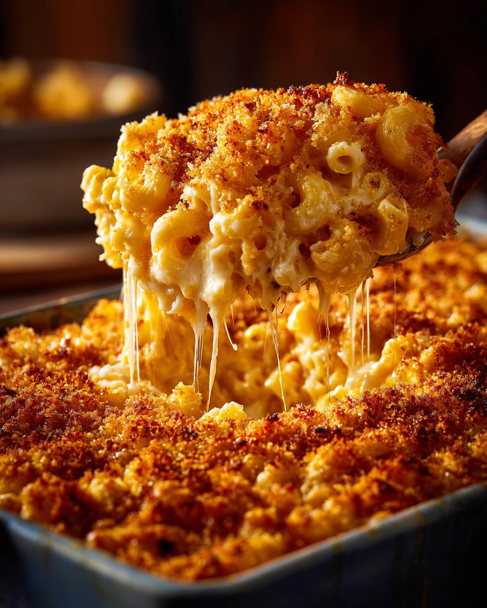 A spoonful of creamy baked mac and cheese showing long cheese pulls, topped with a golden breadcrumb crust.