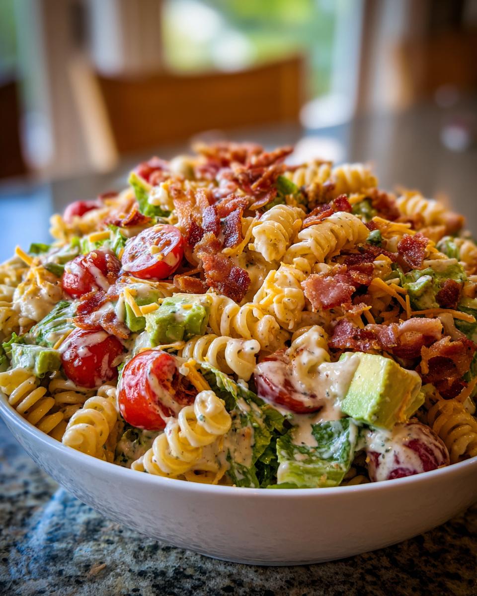 A close-up of a creamy blt pasta salad featuring rotini pasta, bacon, avocado, tomatoes, and lettuce.