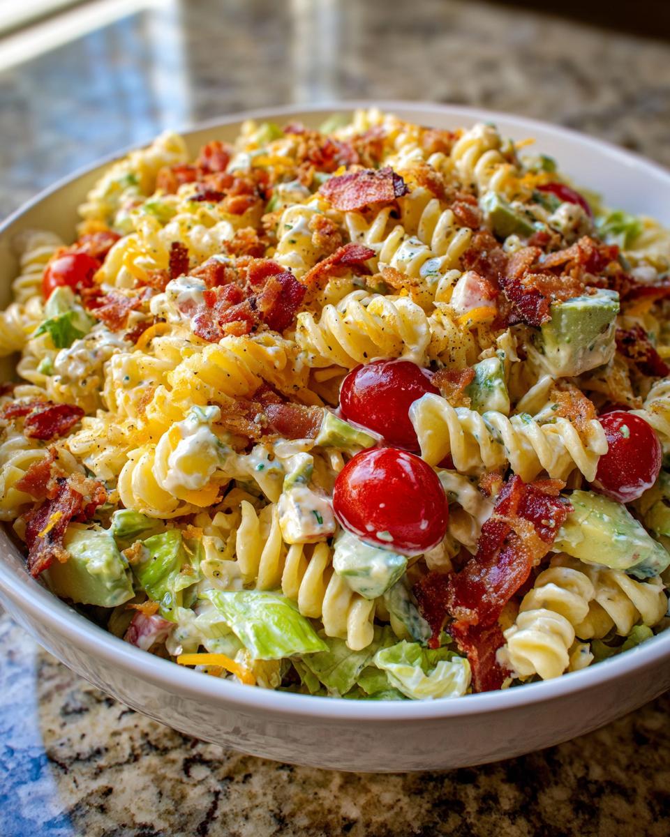 Close-up of a creamy blt pasta salad featuring rotini pasta, bacon crumbles, cherry tomatoes, and avocado chunks.