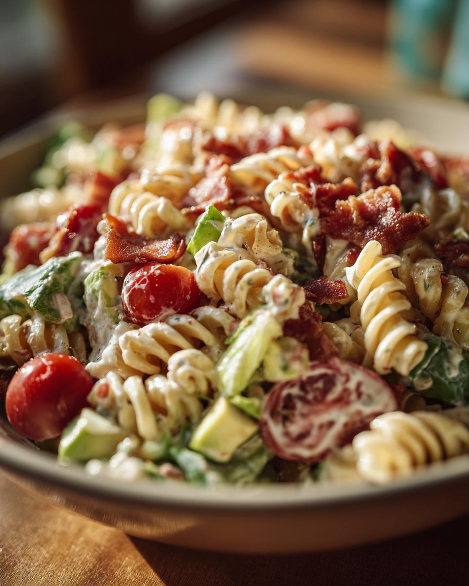 Close-up of a creamy blt pasta salad featuring rotini pasta, crispy bacon, cherry tomatoes, and avocado chunks.