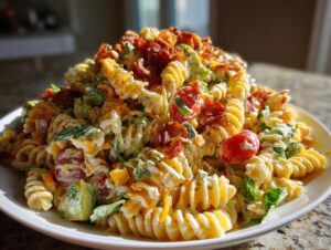 A generous mound of creamy blt pasta salad featuring rotini pasta, bacon bits, cherry tomatoes, and avocado.