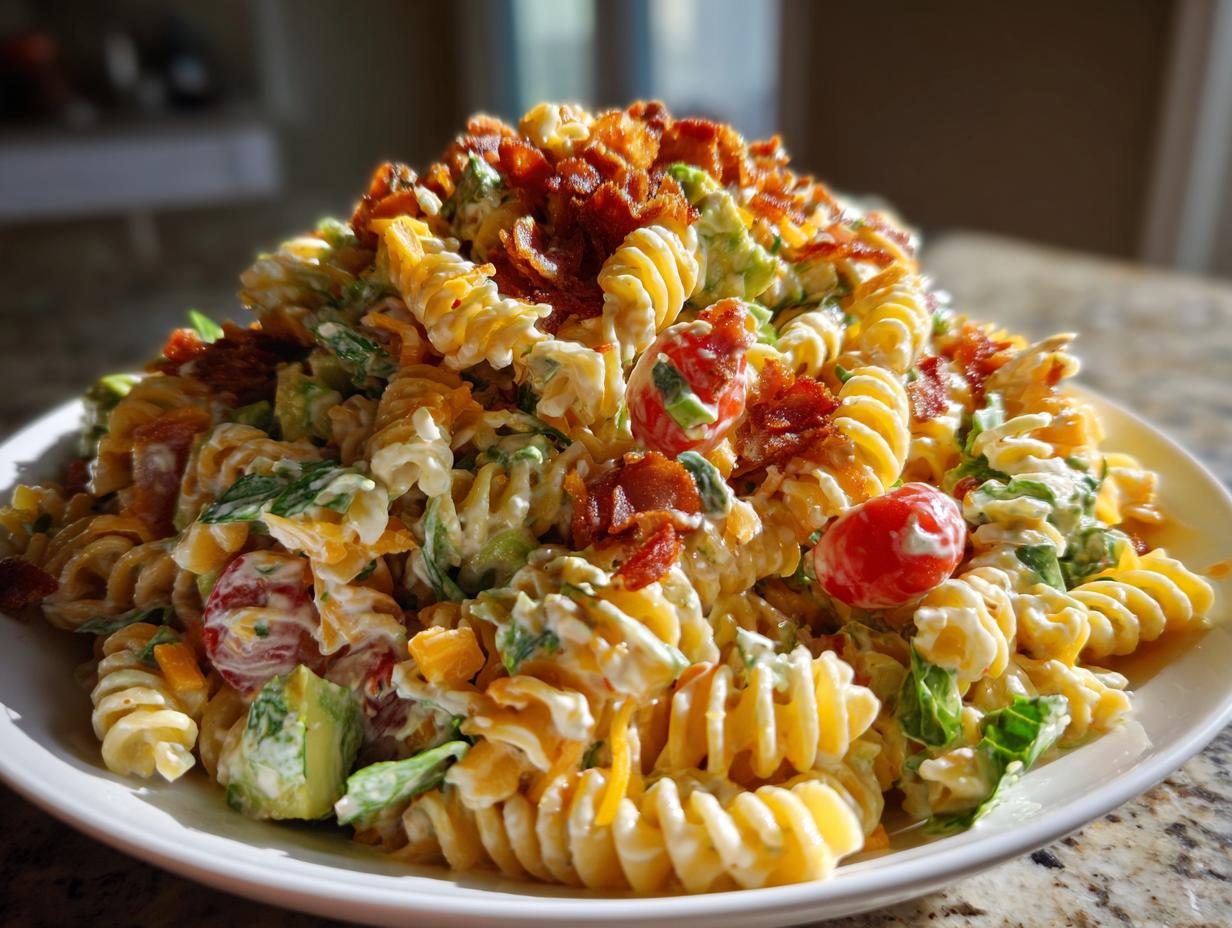 A generous mound of creamy blt pasta salad featuring rotini pasta, bacon bits, cherry tomatoes, and avocado.