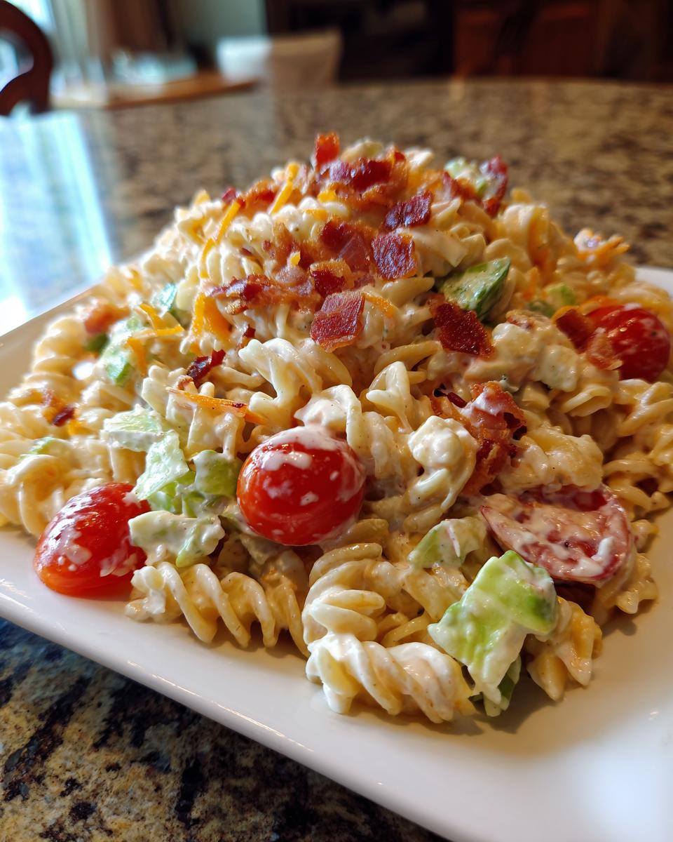 A close-up of a creamy blt pasta salad featuring rotini pasta, cherry tomatoes, lettuce, and crumbled bacon topping.