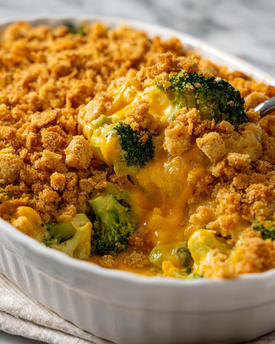 A spoonful of creamy, cheesy broccoli cheese casserole being lifted from a white baking dish, showing a golden crumb topping.