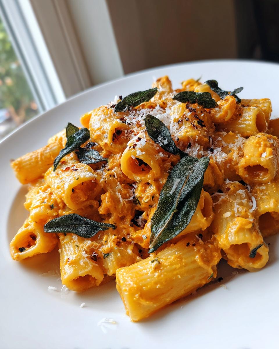 Close-up of rigatoni pasta coated in creamy butternut squash pasta sauce, topped with fried sage leaves and Parmesan.