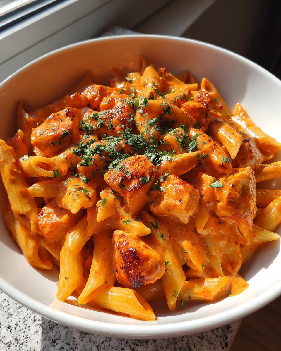 Close-up of creamy cajun chicken pasta with penne, seasoned chicken pieces, and fresh parsley garnish.