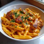 Close-up of creamy cajun chicken pasta featuring penne coated in orange sauce and topped with seasoned chicken pieces and parsley.