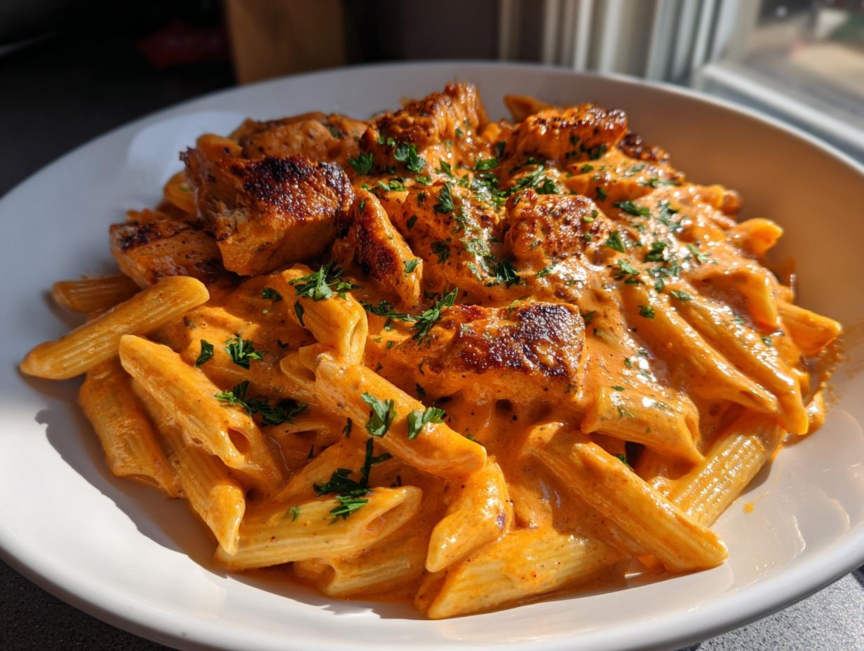 A close-up shot of creamy cajun chicken pasta featuring penne noodles, chunks of seasoned chicken, and a rich orange sauce, garnished with parsley.
