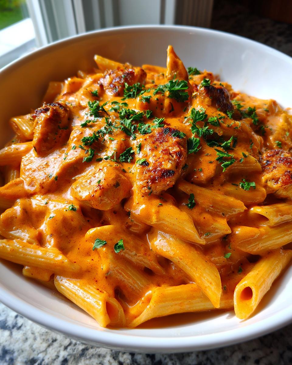 Close-up of creamy, orange-sauced cajun chicken pasta with penne and seared chicken pieces, garnished with parsley.