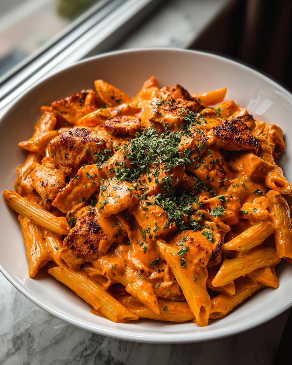 Close-up of a white bowl filled with creamy, orange-sauced cajun chicken pasta, topped with chopped parsley.