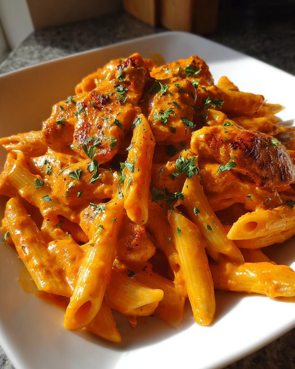 Close-up of creamy cajun chicken pasta featuring penne noodles and seasoned chicken pieces, garnished with parsley.