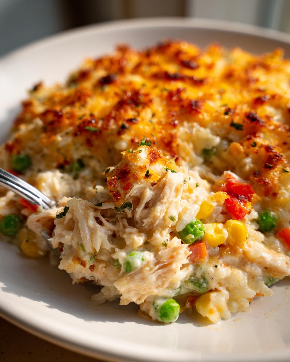 A fork lifts a scoop of creamy chicken and rice casserole topped with golden, melted cheese.
