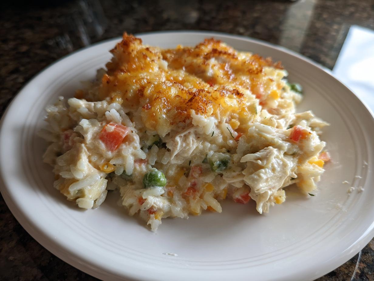A close-up serving of creamy chicken and rice casserole topped with melted, browned cheese.
