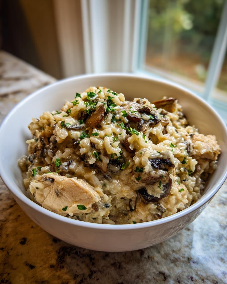 A close-up of creamy chicken and wild rice mixed with mushrooms, garnished with parsley in a white bowl.