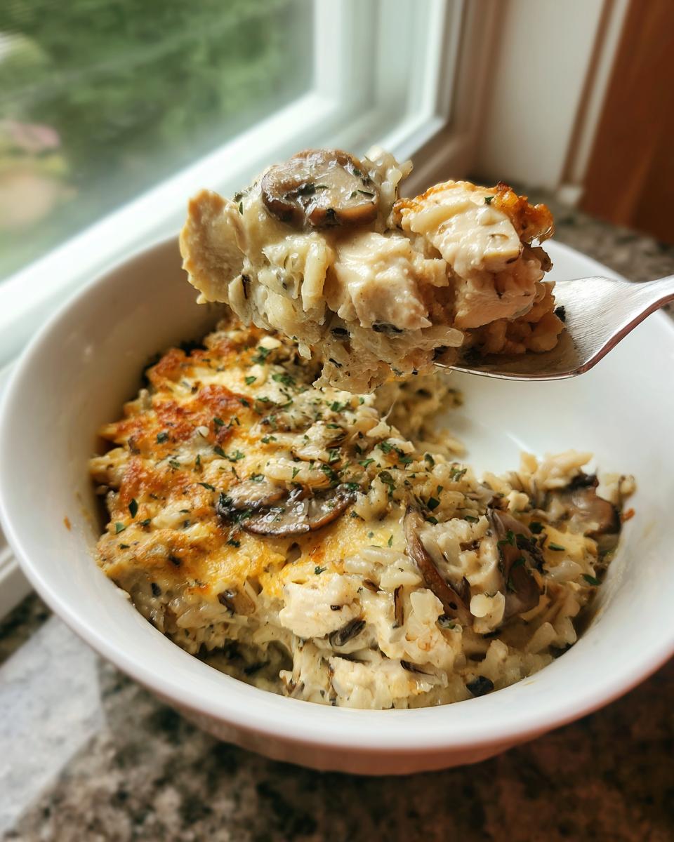 A fork lifts a bite of creamy chicken and wild rice casserole topped with mushrooms out of a white bowl.