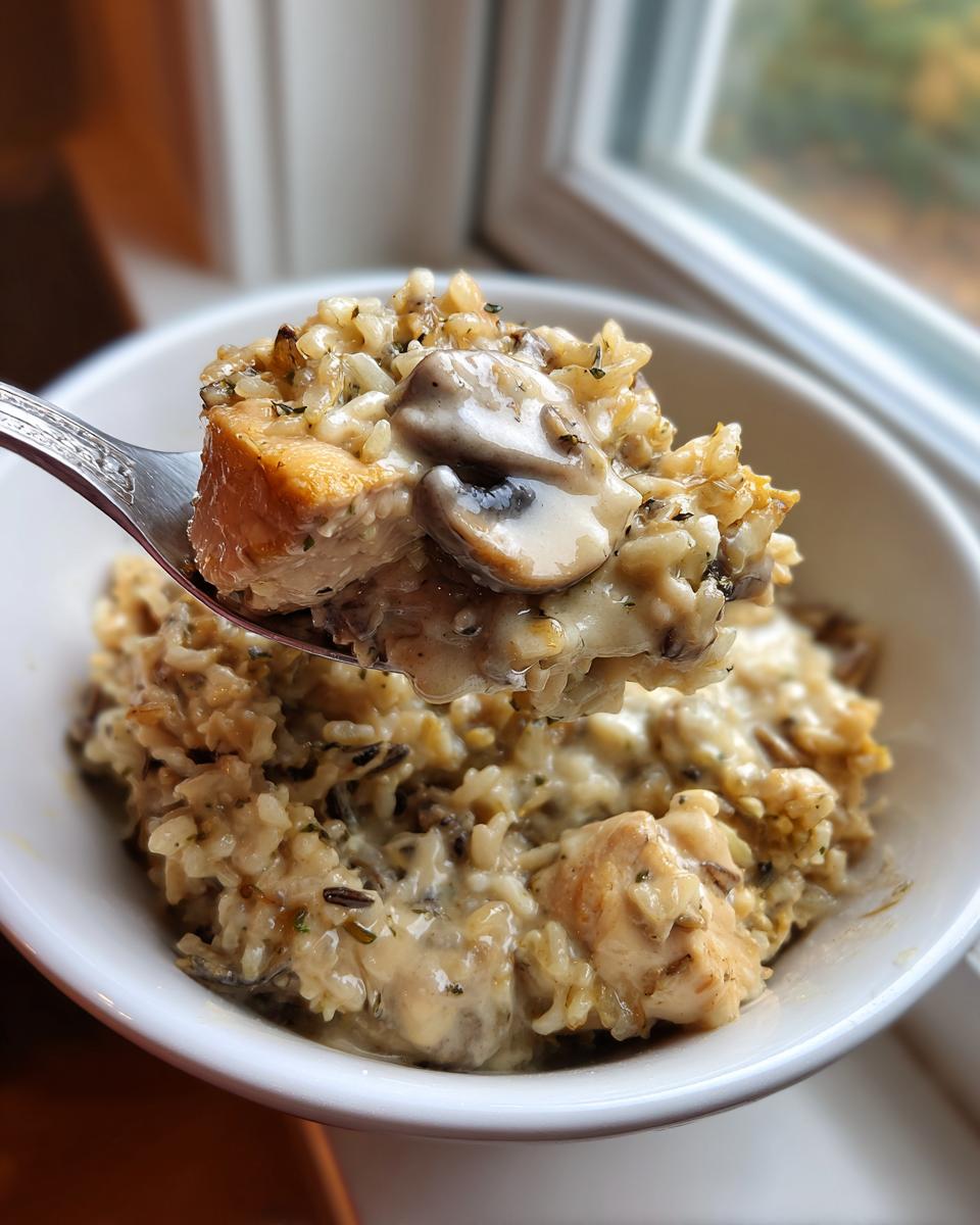 A spoonful of creamy chicken and wild rice mixture topped with sliced mushrooms, lifted from a white bowl.