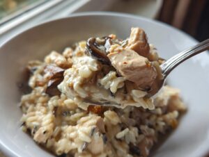 Close-up of a spoonful of creamy chicken and wild rice, featuring chunks of chicken and mushrooms.