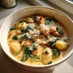 A close-up of creamy chicken gnocchi soup recipe, featuring plump gnocchi, shredded chicken, spinach, and grated Parmesan cheese.