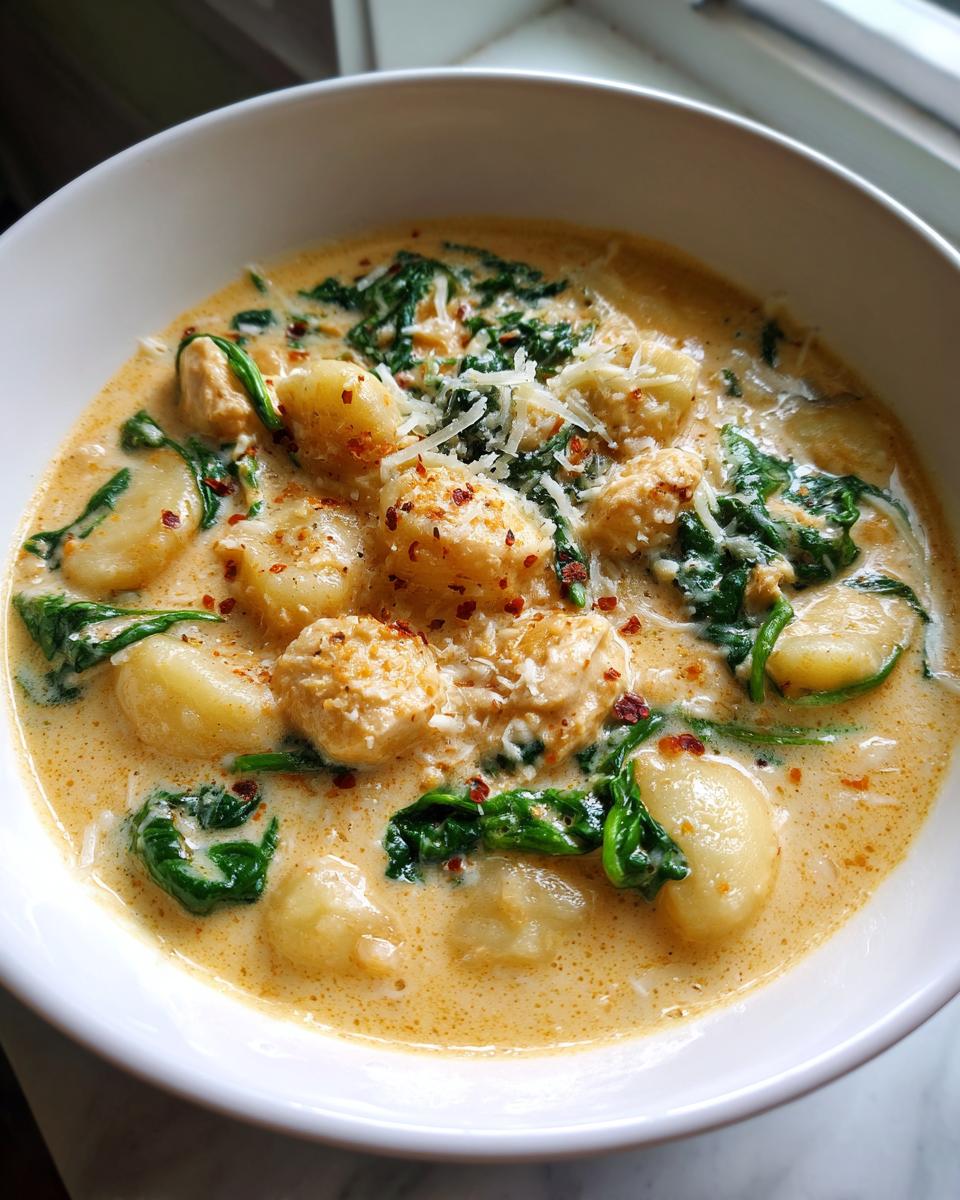Close-up of a bowl of creamy chicken gnocchi soup recipe topped with spinach, Parmesan, and red pepper flakes.