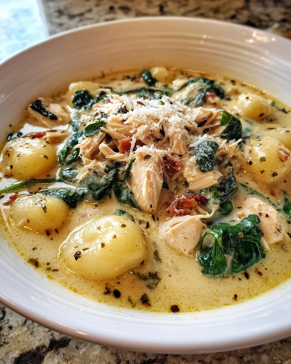 A close-up of creamy chicken gnocchi soup recipe, featuring tender gnocchi, shredded chicken, spinach, and grated Parmesan.