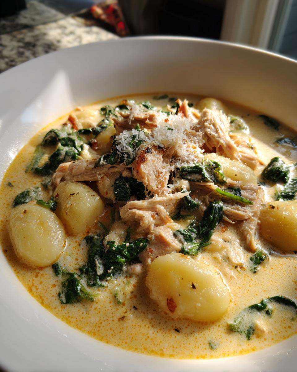 A close-up of a creamy chicken gnocchi soup recipe, featuring tender gnocchi, shredded chicken, spinach, and grated Parmesan cheese.