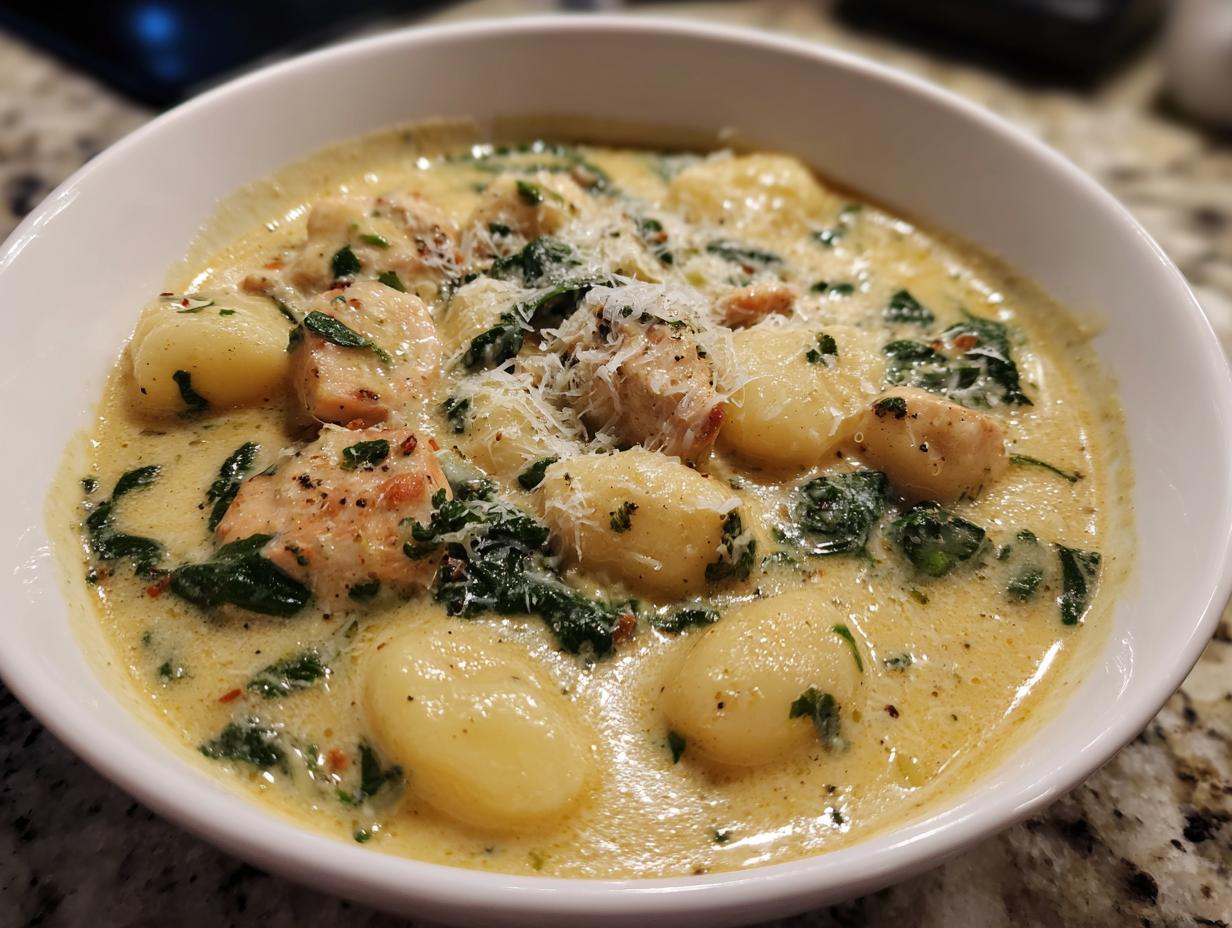 Close-up of a hearty bowl of chicken gnocchi soup, featuring tender gnocchi, chicken pieces, spinach, and grated Parmesan cheese.