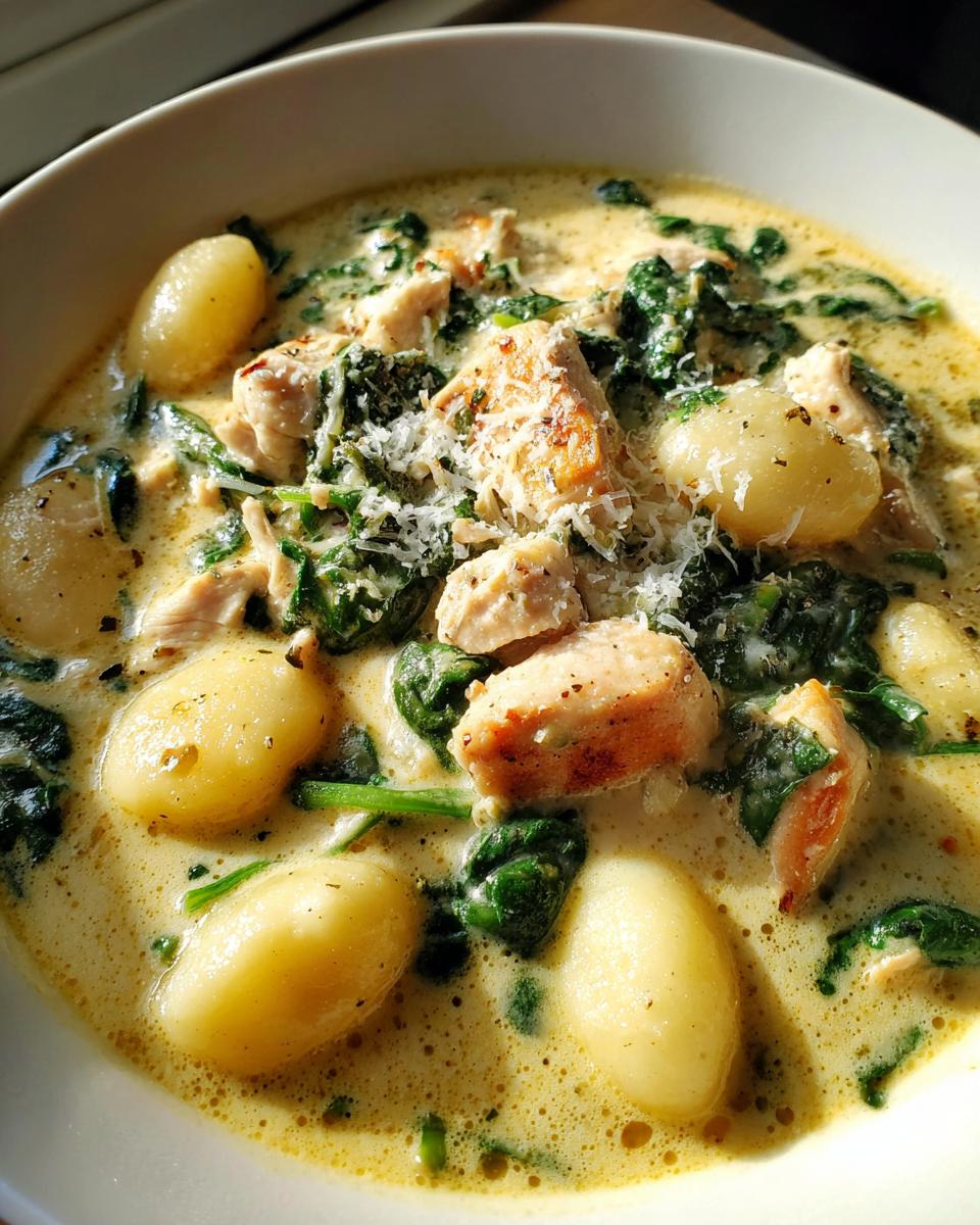 Close-up of a bowl of creamy chicken gnocchi soup recipe with spinach and grated Parmesan cheese.