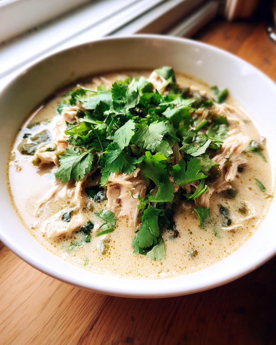 A close-up of a creamy chicken poblano soup recipe, topped generously with fresh cilantro.