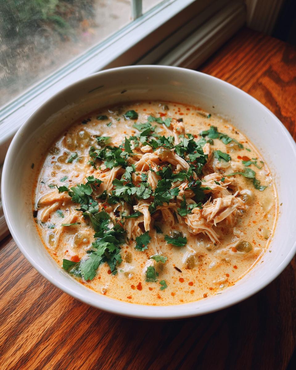 A white bowl filled with creamy chicken poblano soup, topped generously with shredded chicken and fresh cilantro.