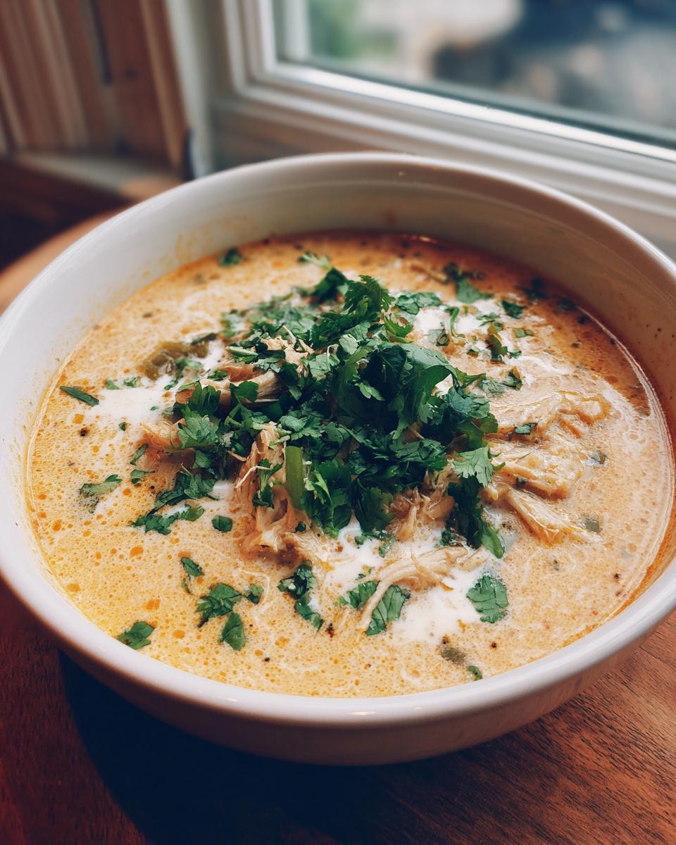 A close-up of a creamy bowl of chicken poblano soup recipe, topped with shredded chicken, cream drizzle, and fresh cilantro.