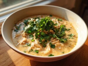 A creamy bowl of chicken poblano soup recipe topped generously with fresh cilantro, set near a window.
