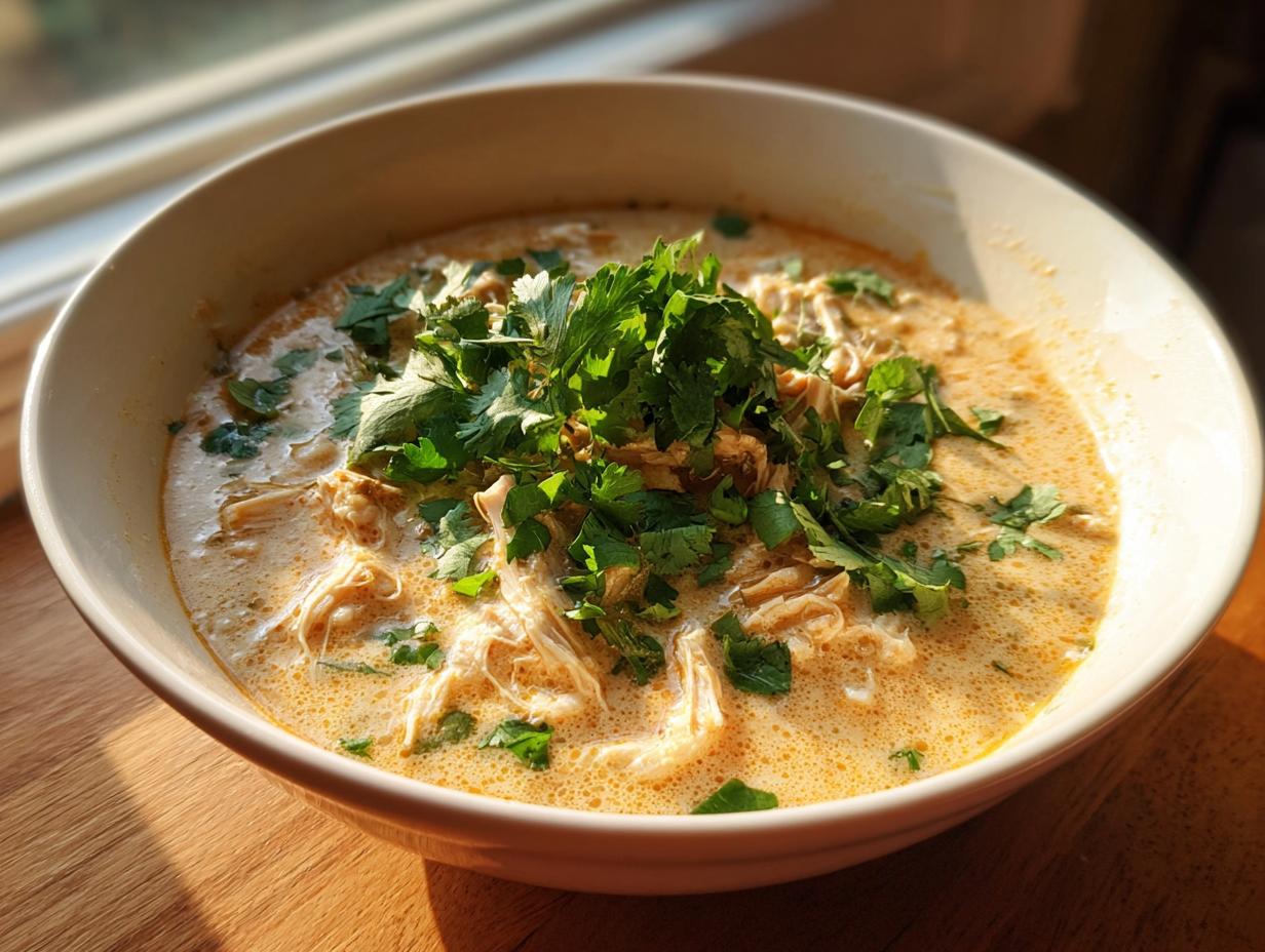 A creamy bowl of chicken poblano soup recipe topped generously with fresh cilantro, set near a window.