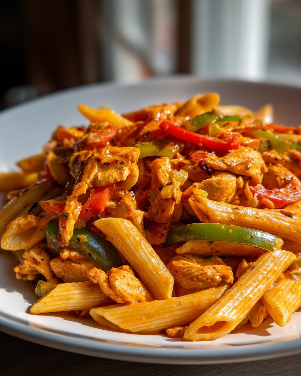 Close-up of a white bowl filled with creamy, orange-sauced Rasta Pasta featuring penne, chicken pieces, and sliced red and green bell peppers.