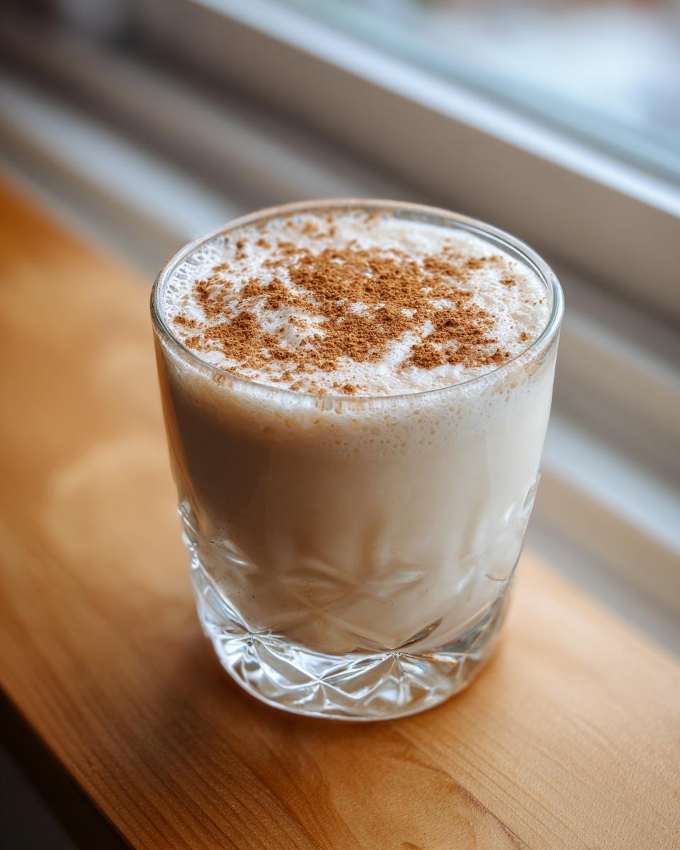 A close-up of a glass filled with creamy coquito recipe, topped generously with ground cinnamon.