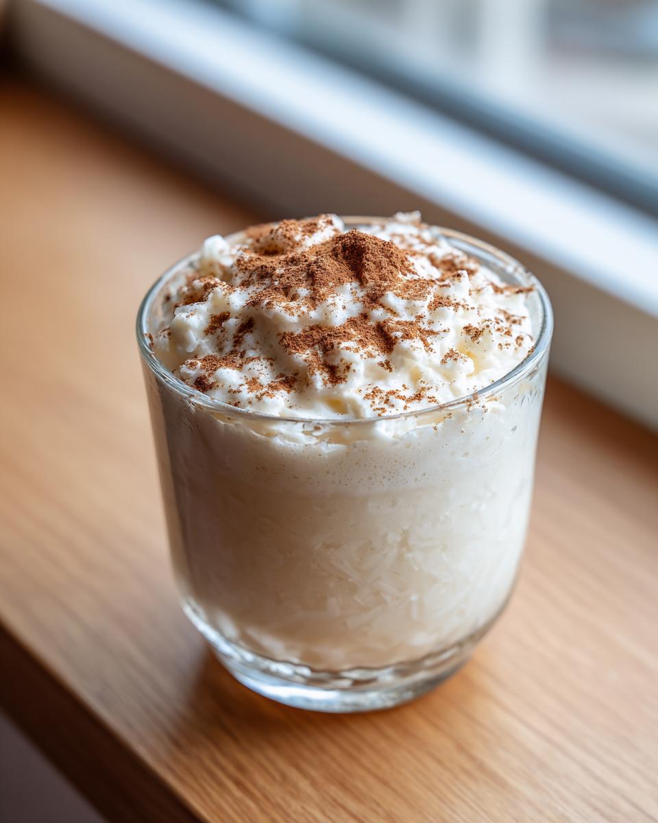 A glass filled with creamy coquito recipe, topped with whipped cream and a dusting of ground cinnamon.