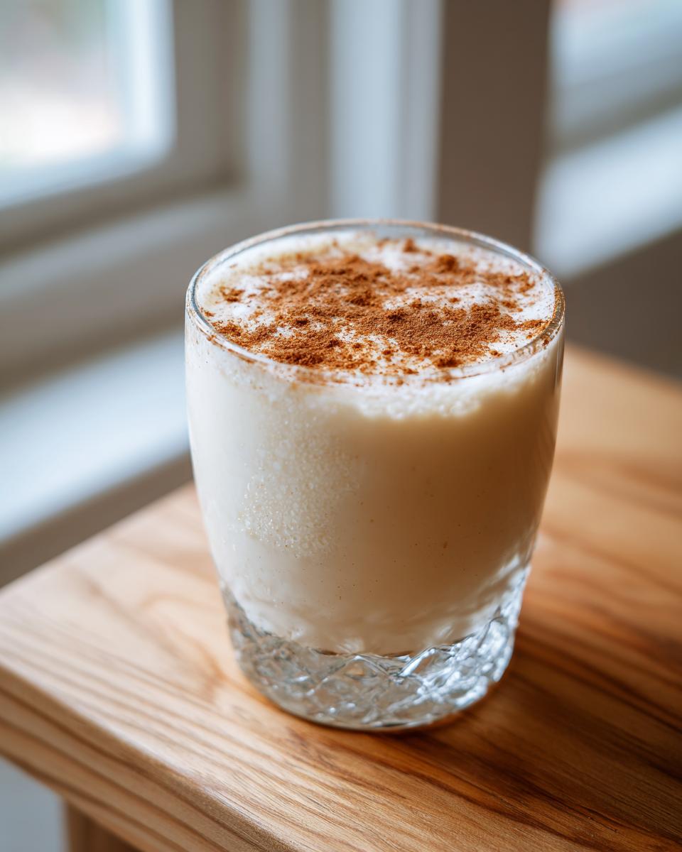 A chilled glass of creamy coquito recipe topped generously with ground cinnamon, sitting on a wooden surface.