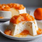 A slice of creamy white dessert topped generously with bright mandarin orange salad segments, served on a white plate.
