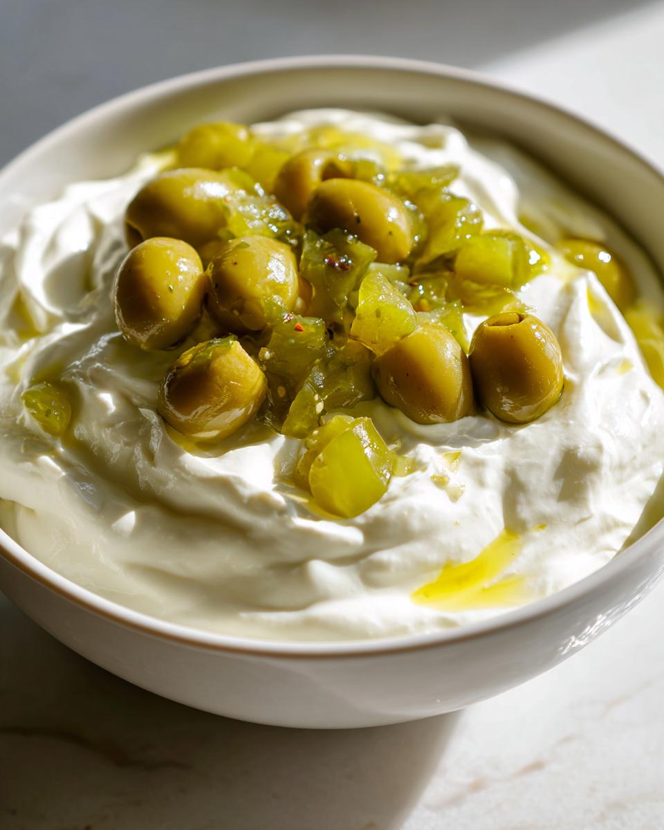 Close-up of a bowl of creamy dip topped with green olives and chopped pimentos for dirty martini dip.