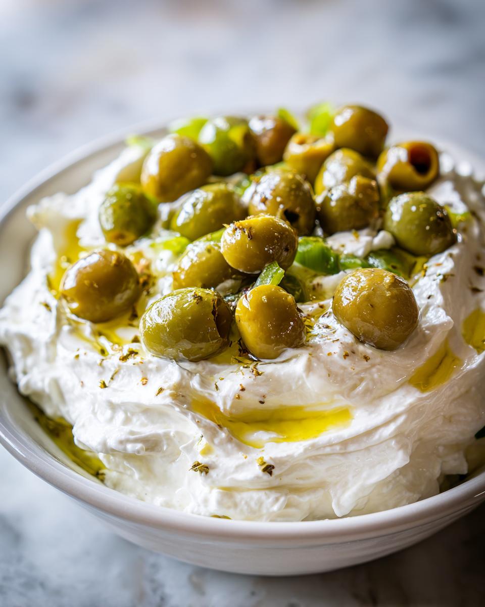 Close-up of a creamy white dip topped with whole green olives, olive oil, and herbs, perfect for a dirty martini dip.