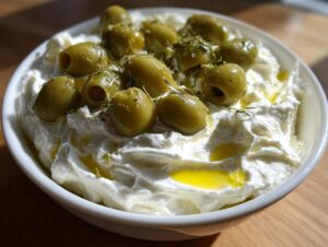 A white bowl filled with creamy white dip, topped generously with pitted green olives and drizzled with olive oil, resembling a dirty martini dip.