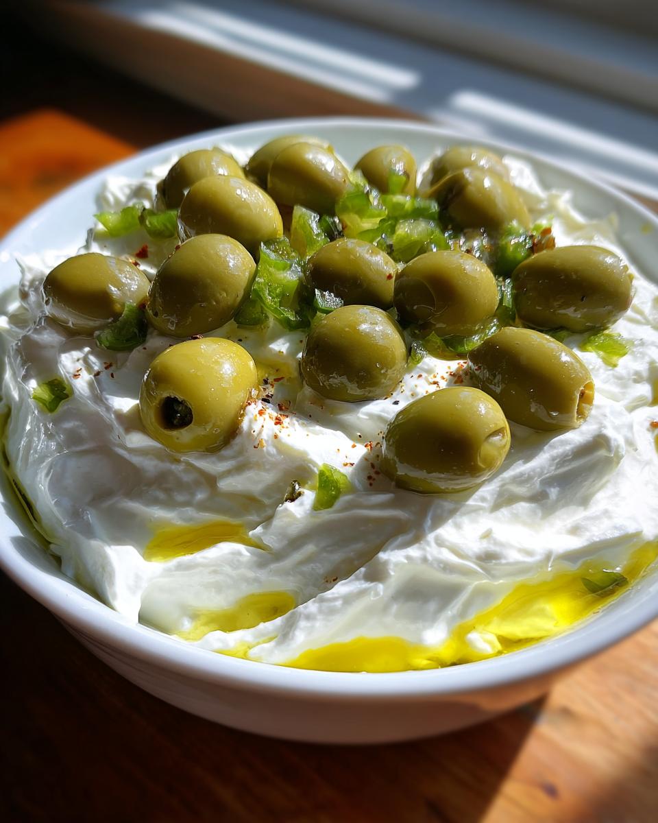 Close-up of a creamy white dip topped with whole green olives, chopped green peppers, and olive oil, ready to be served as a dirty martini dip.