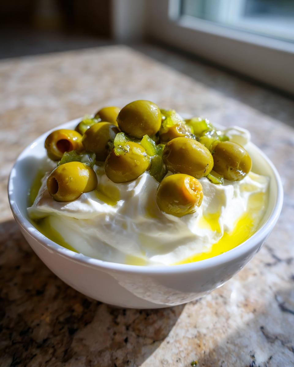 Close-up of a white bowl filled with creamy white dip, topped with whole green olives and chopped relish, part of a dirty martini dip.