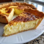 A slice of creamy egg custard pie with a golden crust and a dusting of cinnamon on top.