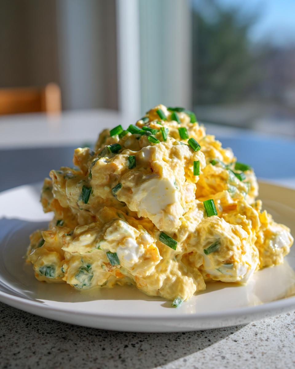A generous mound of creamy, yellow egg salad garnished with bright green chopped chives on a white plate.