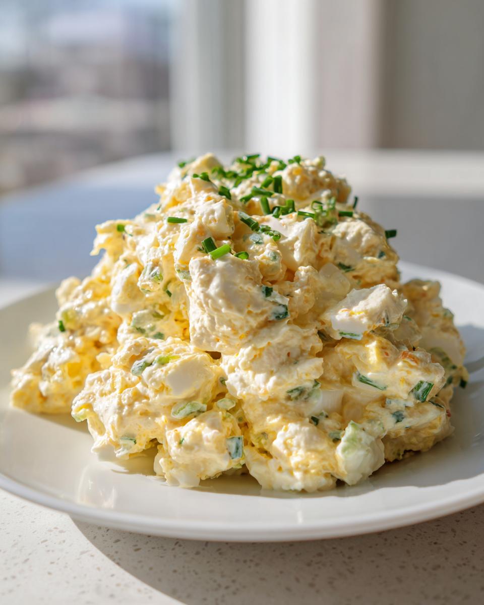 A generous mound of creamy egg salad, studded with chopped eggs and green onions, garnished with fresh chives.